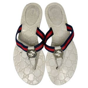Gucci GG Web Stripe Thong Sandals EU 38.5 US 8.5 White Flip Flop Slide Flat Heel